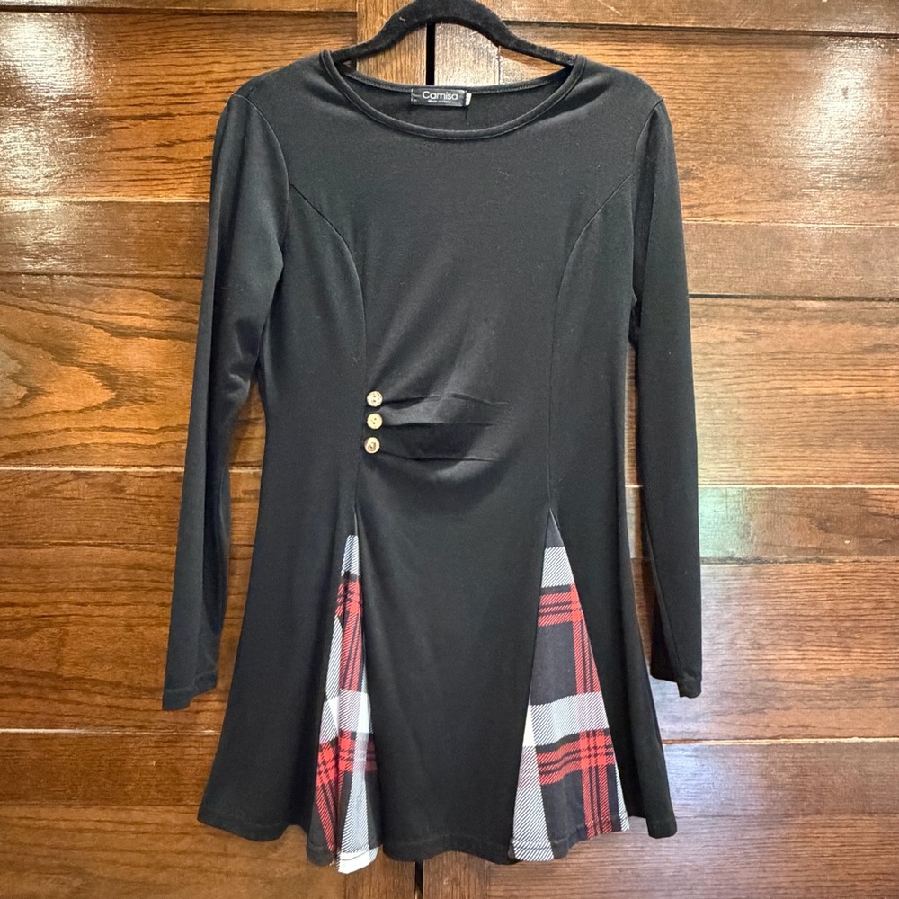 ✅ Camisa medium Black Red Plaid Tunic Top Y2K 2000 schoolgirl button long sleeve